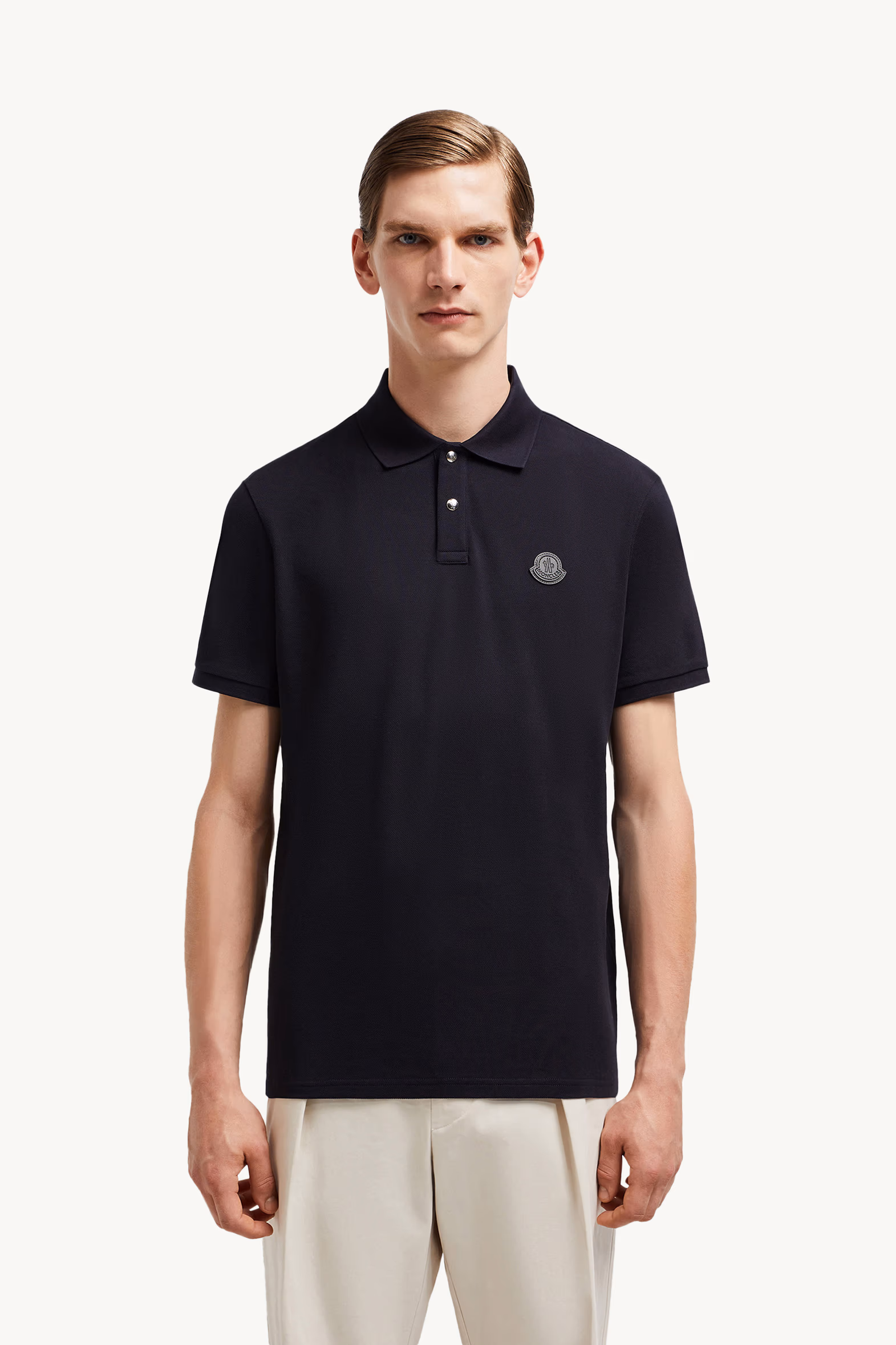 Logo Patch Cotton Piquet Polo Shirt Men Navy Blue Moncler 3